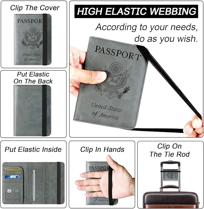 Passport Holder Cover Wallet Travel Essentials Leather Rfid Blocking Case Vacation Luggage Must Haves Travel Accessories for Men Women (116#Grey)