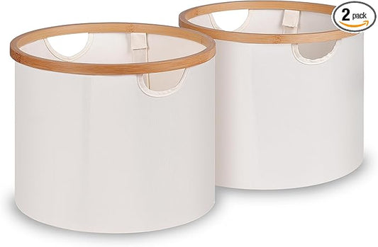 efluky Storage Baskets for Organizing, Fabric Storage Bins with Bamboo Handles, Collapsible Storage Baskets for Shelves and Closet,Medium, Beige Set of 2