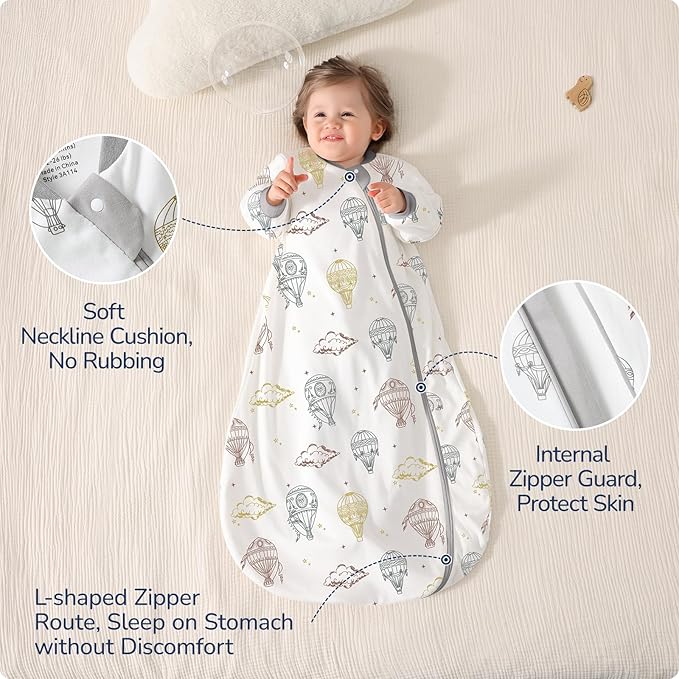 Baby Sleep Sack 12-18 Months, Cotton Detachable Long Sleeve Sleep Sack, 1.0 Tog Toddler Sleeping Sack with Temperature Strips, 2-Way Zipper Wearable Blankets for Newborns, Hot Air Balloon