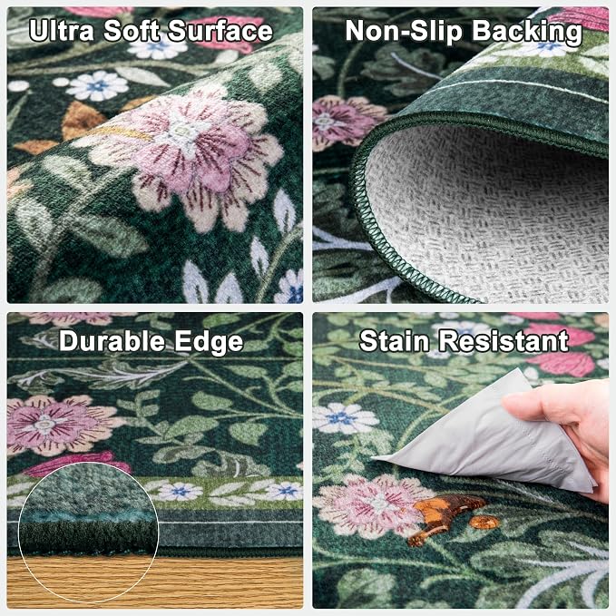 Round Area Rug for Living Room: 4 ft Floral Washable Circle Rug Soft Boho - Image 6