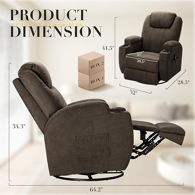 Recliner Chair, 360° Swivel Rocker Chair for Adults, Rocking Recliner Chair with Massage, Comfy Single Sofa with Side Pockets Cup Holders for Living Room, Bedroom, Nursery (Fabric, Brown)