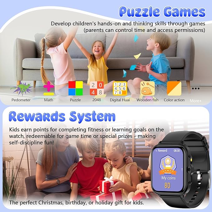Smart Watch for Kids, 1.85" Fitness Tracker Pedometer Watch, Health, Sleep Monitor, Puzzle Games, Alarm Clock, Camera, Music Player, Torchlight, Activity, Gift Toys for 4 - 13 Years Old Boys and Girls