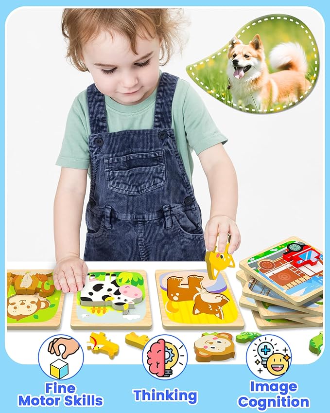 Benresive Wooden Toddler Puzzles, Montessori Toys for 1 2 3 Year Old Boys, Toys for 1 2 3 Year Old Boy Birthday Gifts, 12 Pack Vehicle Toddler Learning Educational Puzzles