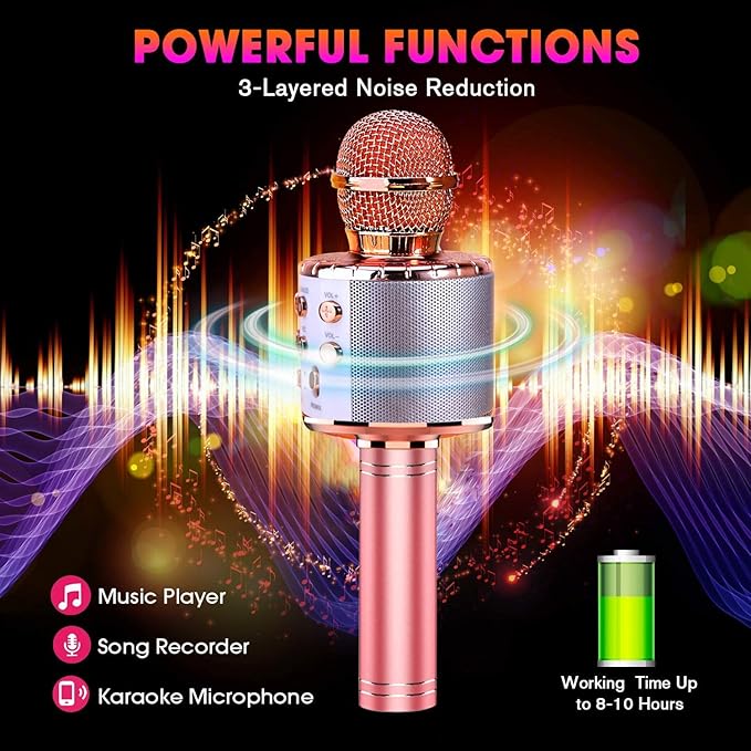 BlueFire 4 in 1 Karaoke Wireless Microphone with LED Lights, Portable Microphone for Kids, Great Gifts Toys for Kids, Girls, Boys and Adults (Pink)