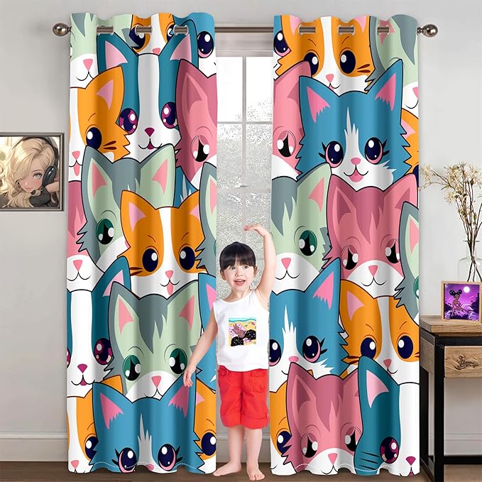 Cat Curtain Panels for Girls - 2Pcs Cat Blackout Curtains for Girls Bedroom, 84W x 84L