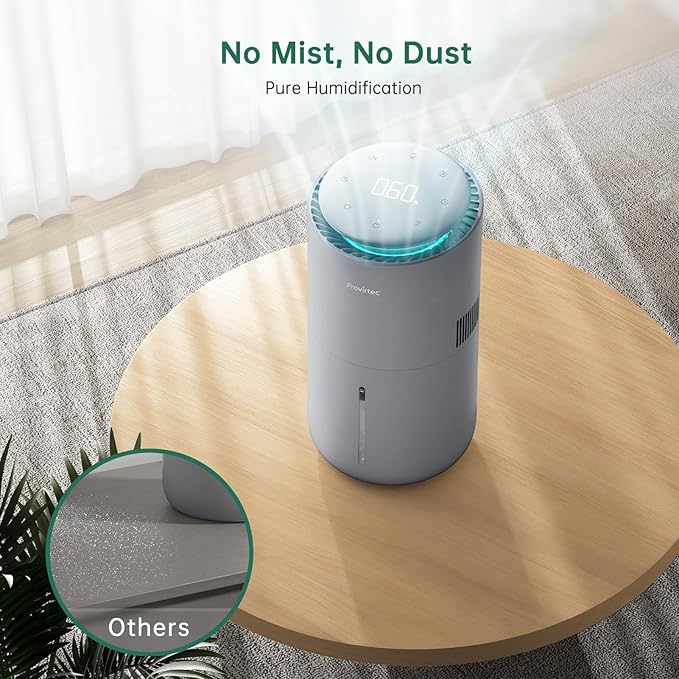 MistFree Smart Humidifier for Bedroom, Evaporative Humidifier No White Dust, Auto Humidity & APP Control, 3L Water Tank Easy to Clean, Sleep Mode, Timing, Humidifiers for Nursery/Baby(Gray)