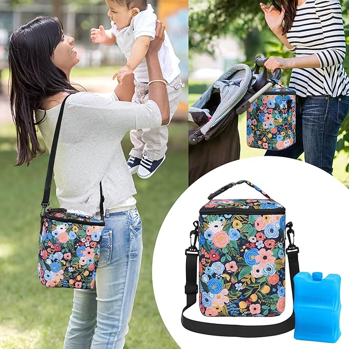 Breastmilk Cooler Bag with Ice Pack Fits 4 Baby Bottles Up to 9 Ounce Insulated Baby Bottle Bag Breast Milk Cooler on The Go with Strap Baby Bottle Cooler Bag for Nursing Mom Daycare or Travel