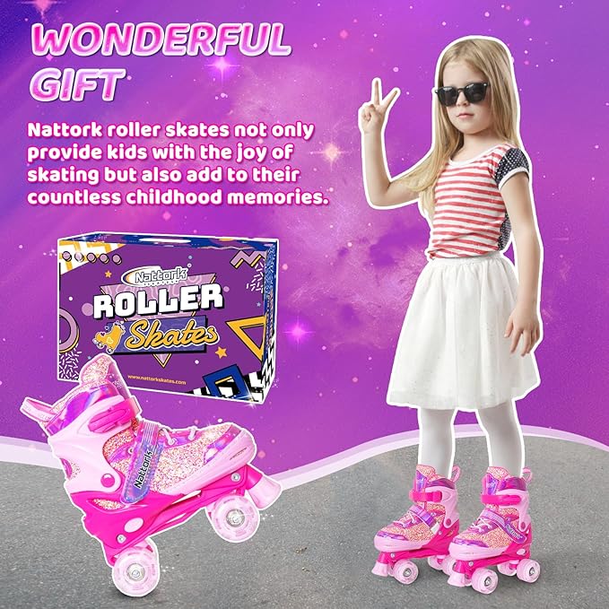 Nattork Kids Roller Skates for Girls Kids, 4 Sizes Adjustable Girls Roller Skates for Ages 3-12 with Light up Wheels & Safety Protection - Cool Birthday Gift for Indoor Outdoor Sports