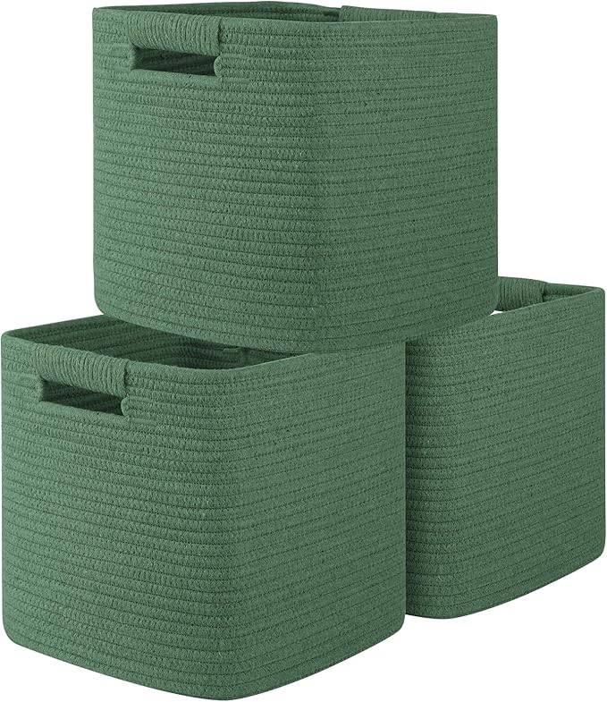 OIAHOMY Storage Cubes 11 Inch Storage Bins-3 Pack, Cotton Rope Woven Baskets for Organizing, Square Baskets for Shelves Organizer, Classroom, Toy Basket, Green
