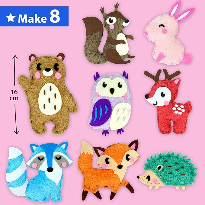 KRAFUN Easy Sewing Kit for Beginner Kids Arts & Crafts, 8 DIY Projects of Stuffed Dolls of Woodland Animals, Bear, Bunny, Fox, Owl, Instructions & Felt, Gift for Girls, Boys, Learn to Sew
