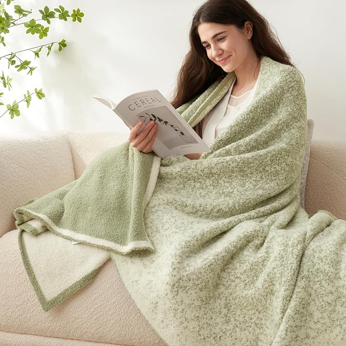 Snuggle Sac Sage Green Throw Blanket for Couch, Reversible Super Soft Warm Blankets Cozy Knit Blanket Fuzzy Plush Lightweight Throws for Sofa, Bed, Picnic, Ombre Sage Green, 50 x 60 inches