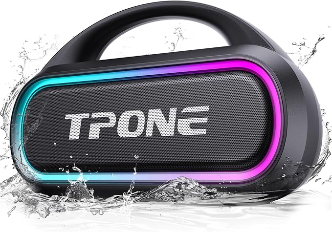 TPone Portable Bluetooth Speaker, 30W Peak, 12H Playtime, IPX5 Waterproof with Light, TWS Pairing, Wireless Speaker for Home/Party/Outdoor/Beach, Birthday Gift (Black)