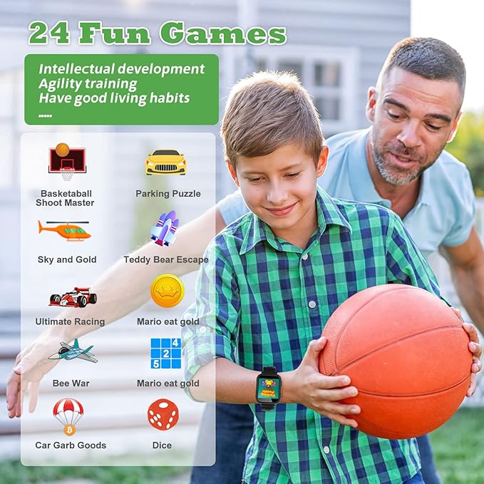 Smart Watch for Kids 4-12 Years Boys Girls,Smartwatch,Aluminum Case with Pink Sport Band,24 Games Camera Voice Music Video Player Recorder,Pedometer Flashlight, Birthday (Black)