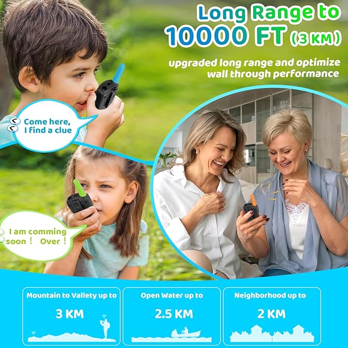 Vvinca Walkie Talkies for Kids Rechargeable 3 Pack, Toys for Boys Girls Age 3-13 Ourdoor Camping Birthday Gift, 3KM Long Range Walkie-Talkie 2 Way Radios 22 CH VOX with Li-ion Battery Flashlight