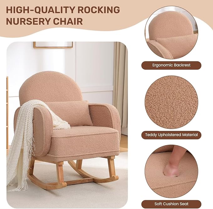Rocking Chair Nursery with Ottoman, Upholstered Glider Rocker with High Backrest and Side Pocket, Rocking Accent Armchair with Solid Wood Legs for Nursery, Living Room, Bedroom Coffee