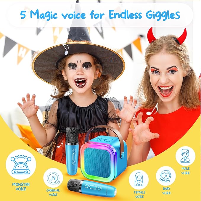 Kinglucky Mini Karaoke Machine for Kids, 2025 TOP Birthday Gifts Ideas for 3-12 Year Old Girls, Christmas Party Gifts Kids' Personal Video Players Accessories with 2 Wireless Microphones - Gold Blue