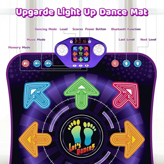 Dance Mat Toys for 3-12 Year Old Girls Boys, Dance Pad with Light Up 8-Buttons & Bluetooth, Music Dance Game with 7 Game Modes, Christmas Birthday Gifts for 3 4 5 6 7 8 9 10+ Year Old Girls Boys