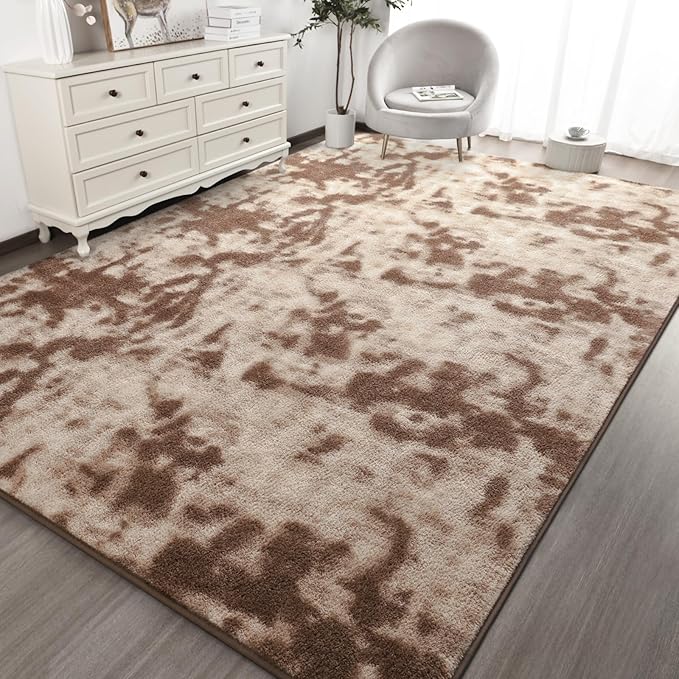 Kimicole 6x9 Washable Area Rugs for Living Room Bedroom, Large Low Pile Ulta-Thin Solid Color Rug, Non-Slip Soft Fluffy Carpet for Nursery Kids Room Dorm Room Home Decor (Brown)