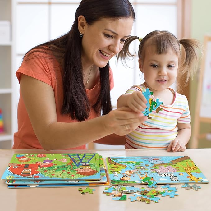 SYNARRY Puzzles for Kids Ages 4-8, 4 Pack Wooden Jigsaw Puzzles for Kids Ages 3-5 Years Old 40 Pieces, Preschool Puzzle Toy Gift for Children Boys and Girls, Farm Dinosaur Animal Construction Theme