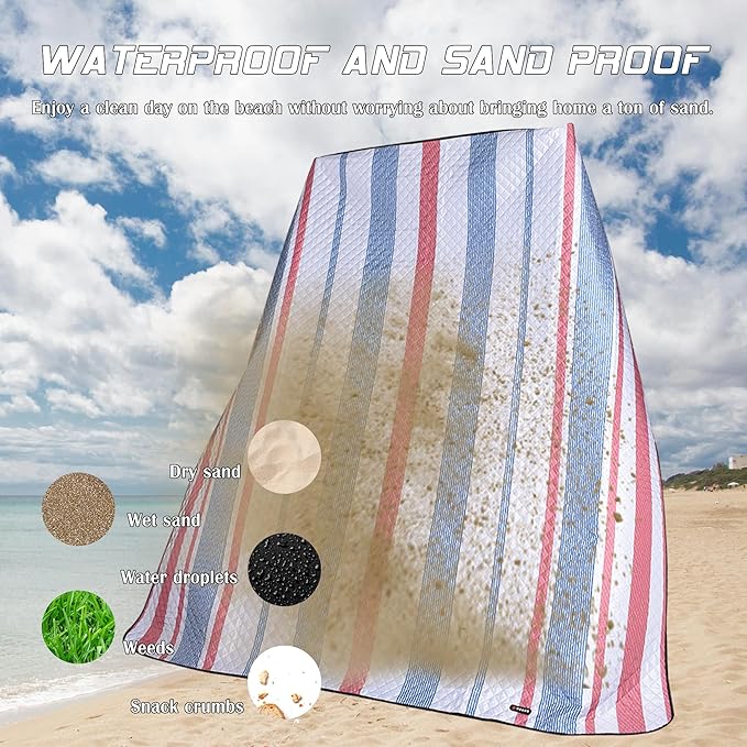 Waterproof Picnic Mat, Outdoor Camping Oversized Field Blanket. Portable Thickened Camping Blanket, Suitable for Beach, Camping, Music Festival, Party, Outdoor Adventure. (Red&Blue&White, 80”x80”)