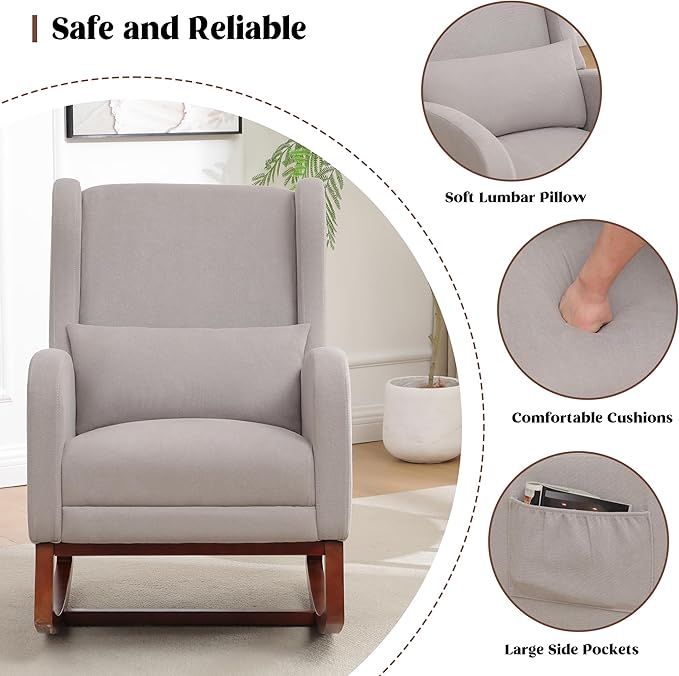 Rocking Chair Nursery, Nursery Rocking Chairs with Foot Rest, Comfy Glider Rocker Nursing Chair with High Back for Nursing, Living Room, Bedroom, Light Grey