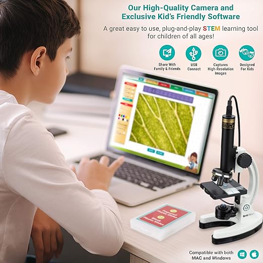 AmScope - M40-K-MDM35 IQCREW by 120X – 1200X Kid’s 85+ Piece Premium Microscope STEM Kit with Color Camera, Interactive Kid’s Friendly Software, Prepared and Blank Slides and More