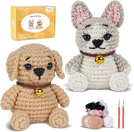 MOREJMTT Crochet Kit for Beginners, Learn to Crochet, Include Easy Knitting Soft Yarn, Step-by-Step Video Tutorial, Hook, Holiday Birthday Gift for Adults and Kids(2pack Dog)
