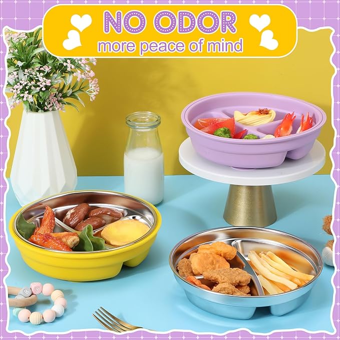 Nuogo 2 Pcs Stainless Steel Baby Suction Plates with Removable Silicone Shell 2-in-1 Metal Toddler Bowl Divided for Picky Eaters Kid Feeding Led Weaning Supply, Dishwasher Safe (Yellow,Purple)