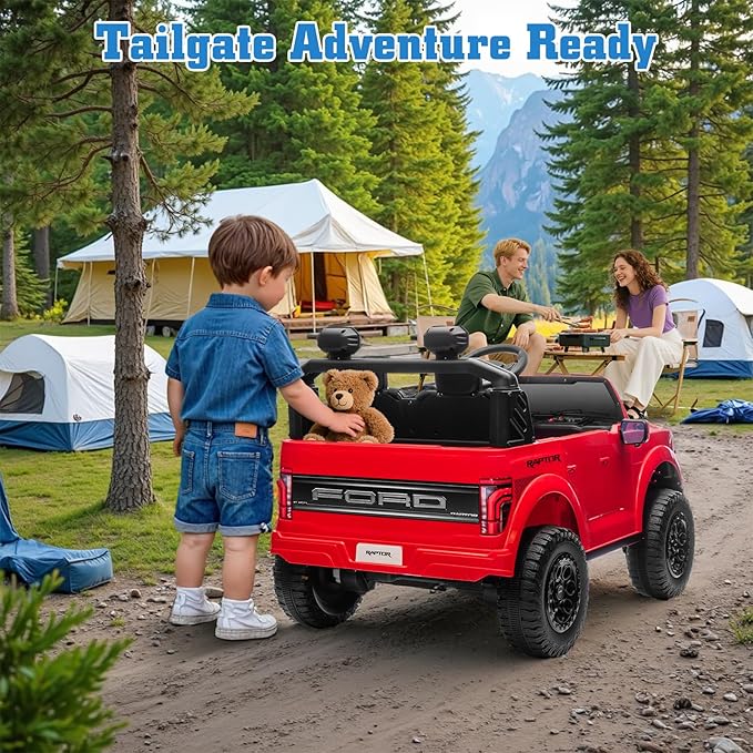 24V Ride on Car Licensed Ford F-150 Raptor, Kids Electric Car with Remote Control, LED Light/Music/MP3, Truck Bed Storage, 3-Point Seat Belt (24V, Red)
