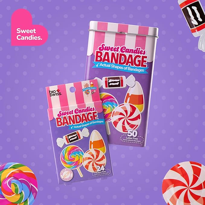 BioSwiss Bandages, Sweet Candies Shaped Self Adhesive Bandage, Latex Free Sterile Wound Care, Fun First Aid Kit Supplies for Kids and Adults, 24 Count