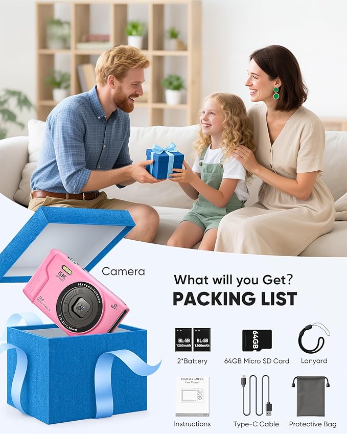 T TAKMLY Digital Camera 5K, Autofocus 16x Zoom 72MP Point and Shoot Cameras Compact Portable with Flash for Kids Boys Girls Teens Students, Anti Shake 2.8'' Screen, 64GB Card Include, Pink