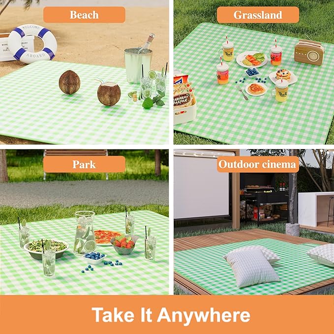 UDEAR Foldable Picnic Blanket,80"x60" Waterproof, Sandproof, Portable with Tote Bag for Beach, Park, Camping, and Travel,Green Plaid