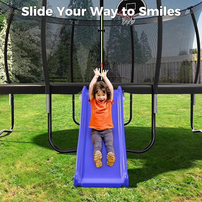 Plastic Trampoline Slide for 8-16FT, Heavy Duty Outdoor Slide for Trampoline, Safe Trampoline Ladder for Kids 6+, 220 LBs Capacity, Blue