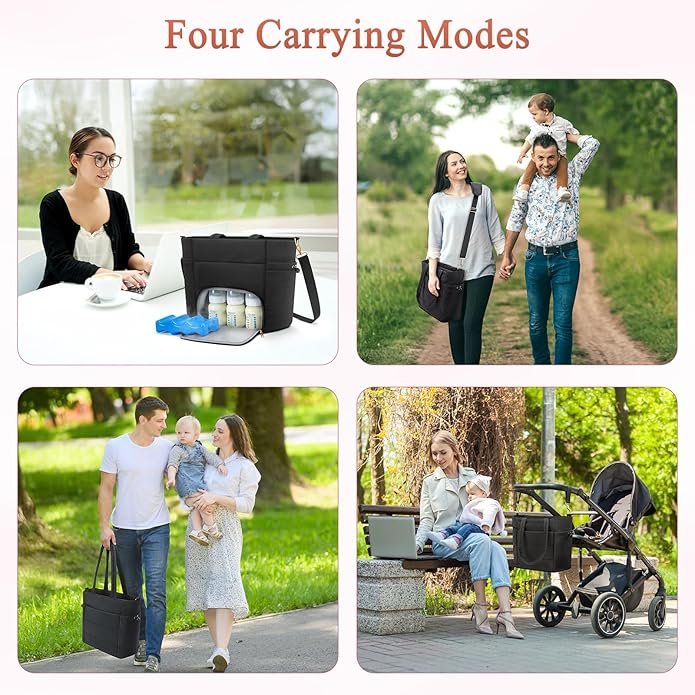 Diaper Bag Tote for Working Mom, Breastmilk Cooler Bag with Insulated Compartment, Breast Pump Tote Bag with Ice Pack for Cooler & 15‘’ Laptop Sleeve, Baby Bottle Cooler bag for Nursing, Work, Travel