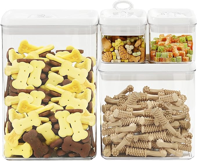 Felli Flip Tite Storage Container with Lid 4" RECTANGULAR Air Tight Ring Flip Top, Stackable Acrylic Canister for Kitchen Counter Pantry, Cereal Granola Pasta Spice, Gift Set for Women (4pk, Variety)