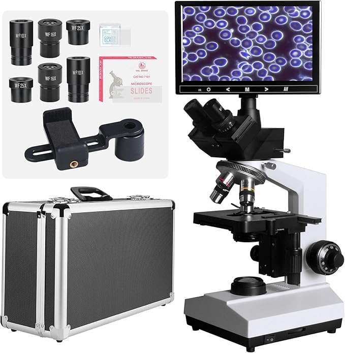 [Darkfield Blood Model] Lab Darkfield & Brightfield Vabiooth Trinocular Compound Microscope 40X-2500X Magnification with 7" Monitor 5MP E-Eyepiece, Adjustable Mechanical Stage, LED Illumination