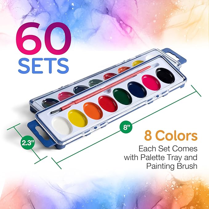 Bedwina Watercolor Paint Set- Bulk of 60 Sets - 8 Water Color Washable Paints, Palette Tray and Painting Brush, for Art Schools and Paint Party Supplies