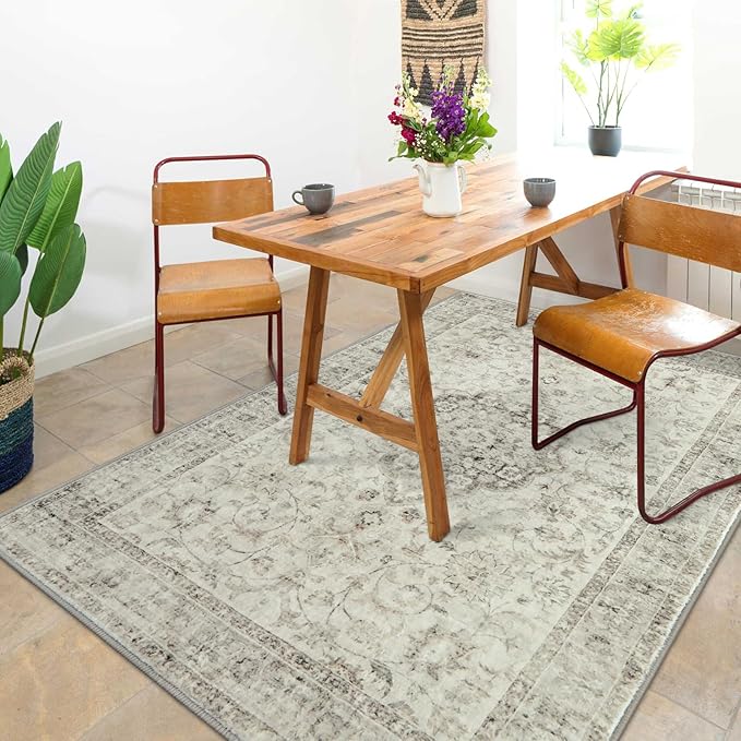 LIVEBOX Bedroom 4x6 Washable Area Rug for Entryway Kitchen, Non-Slip Soft Boho Rugs for Dining Room Office, Farmhouse Low-Pile Neutral Soft Carpet for Nursery Room Playroom, Taupe