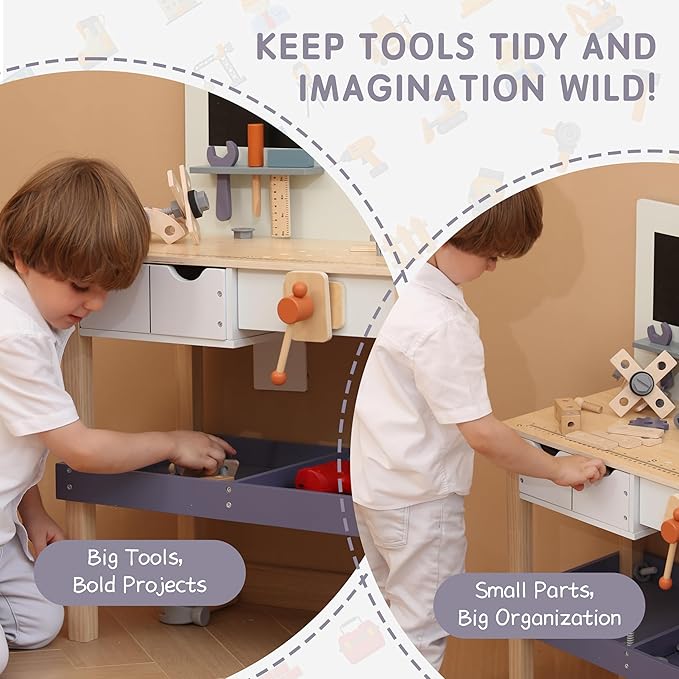 Wooden Kids Tool Bench with Electric Drill, Toddler Tool Bench with Storage Drawers and Platform, Toy Workbench Workshop with Play Tools Set for Boys and Girls, Perfect for Ages 3+