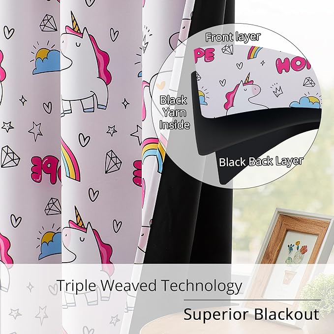 Unicorn Blackout Curtains for Girls' Bedroom - 2 Panels, Each W52×L84, 100% Blackout, Energy Efficient, Thermal Insulated, Noise Reducing, Pink Girls Curtains