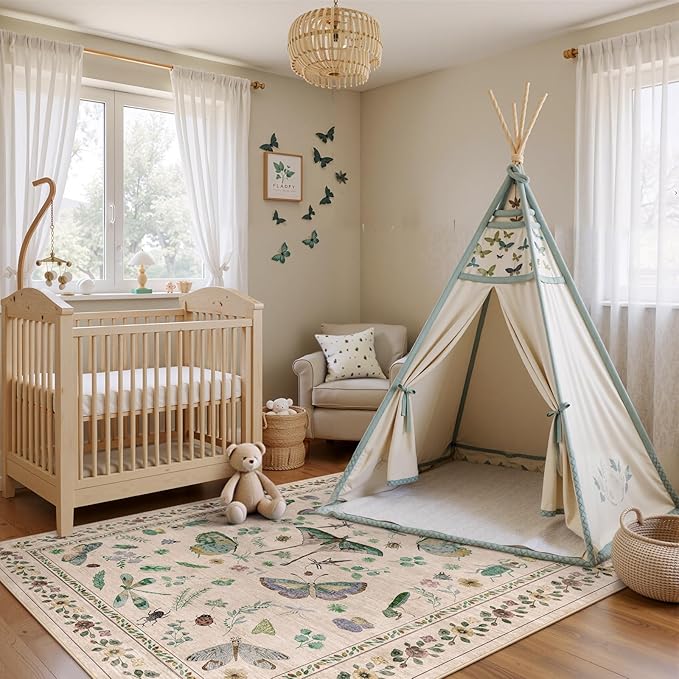 6x9 Rugs for Living Room with Insect Print - Bug Rug Non-Silp Stain Resistant Soft Carpet for Bedroom, Low Pile Ultra-Thin Machine Washable Carpet for Dining Room, Kids Nursery, Office (6'x9' Beige)