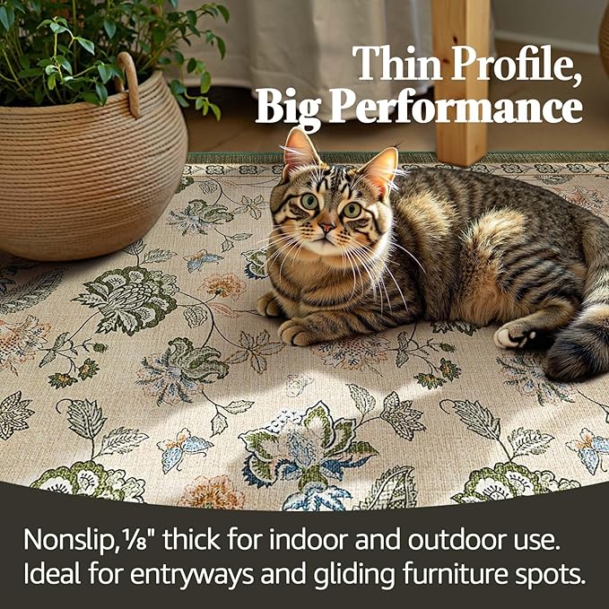 jinchan 8x10 Floral Rug for Living Room Washable Bedroom Rug Vintage Romance Design Non Slip Thin Indoor Floor Cover Large Low-Profile Throw Carpet for Dining Room Office, Green/Beige