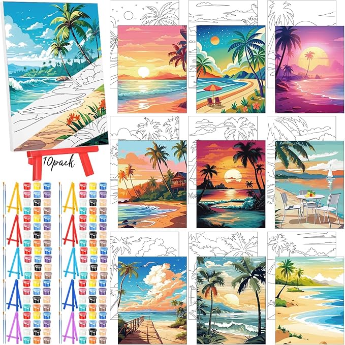 Blosssound 10 Set Pre Printed Canvas Pre Drawn Canvas Painting with Easel Kits 5" x 7" Outline Painting Panels for Beginners, DIY Craft Project, Party Favor, Home Decors(Hawaii)