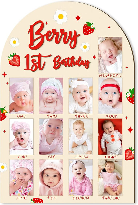 R HORSE 3D Berry 1st Birthday Wood Photo Display Board, Adorable Strawberry Baby's First Year Picture Frame, 1-12 Months Milestone Board Birthday Decorations Keepsake Gift for Baby Girls Nursery Decor