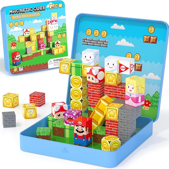 49PCS Mini Magnetic Tiles Travel Toys for Kids Ages 4-8, Magnetic Building Blocks Adventure Set with Portable Iron Storage Box & Play Base, STEM Learning Activities for Toddlers 3-5