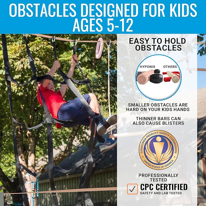 Ninja Warrior Obstacle Course for Kids – 2 x 50 ft Slacklines with 10 Weatherproof Obstacles – Monkey Net, Ratchet-Tight Technology, Supports Up to 880 lbs – Climbing & Swinging Equipment