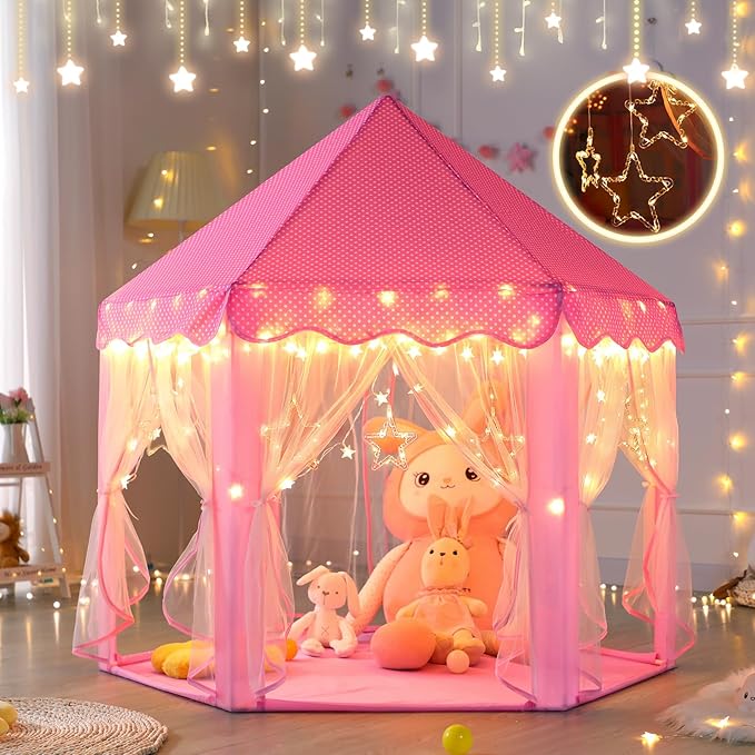 Monobeach Princess Castle Play Tent for Girls - Large 55'' x 53'' Playhouse with Star Lights for Indoor and Outdoor Play