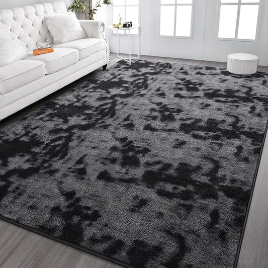 Kimicole 7x10 Washable Area Rugs for Living Room Bedroom, Large Low Pile Ulta-Thin Solid Color Rug, Non-Slip Soft Fluffy Carpet for Nursery Kids Room Dorm Room Home Decor (Dark Grey)