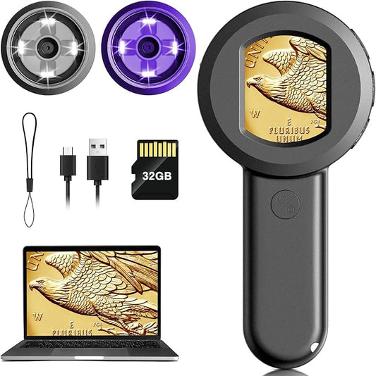 Pocket Digital Microscope for Adults Kids: 100X Handheld Magnifying Glass with Light, USB Coin Magnifier for Collector, Portable Jewelers Loupe with 2" Screen, Mini Scope for Trichome