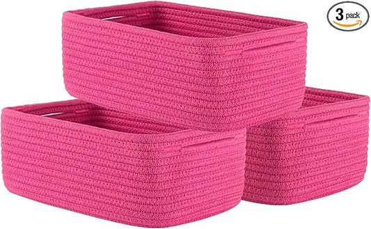 KALLAX Small Woven Basket, 12 x 8 x 4.5 Inches, Storage Basket for Organizing, Cute Small Rope Shelf Closet Cube Storage Bins Baskets for Shelves, Dog Toy Gift Baskets Empty, 3 Packs, Hot Pink